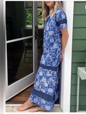 Julia Amory Majorelle Dress Short Sleeve Midi Caftan Sz L Resortcore Coastal